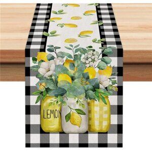 Black Buffalo Check Summer Table Runner 72” w/ Lemon Vase-Rustic Farmhouse  Deco